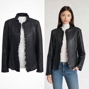 Hot in Hollywood | Black Faux Leather Ruffle Trim Moto Jacket Open Front Size L